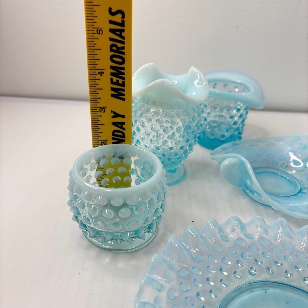 VTG Fenton Blue Opalescent Hobnail 7 pc lot Trinket Candy Dishes Votive Bud Vase - Picture 6 of 16
